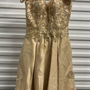 Prom formal quince May Queen Gold Embellished Strapless Evening Dress